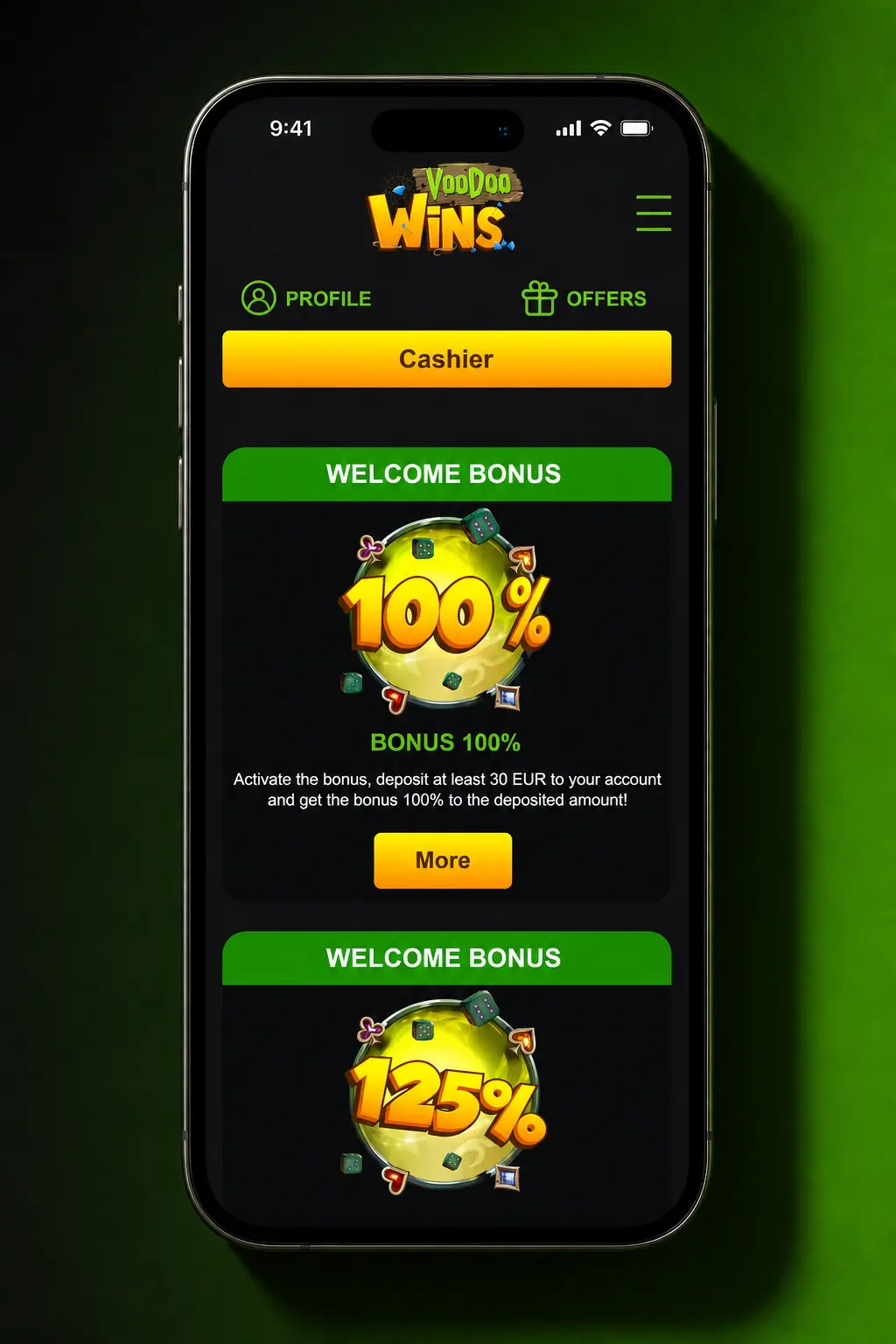 Step-by-step guide showing how to claim a Voodoo Wins no deposit bonus through registration and verification.