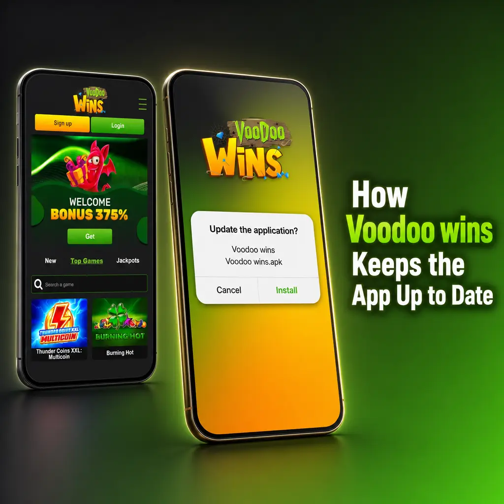 Voodoo Wins app update screen showing version prompt, new sports markets, casino titles, and security patch details.