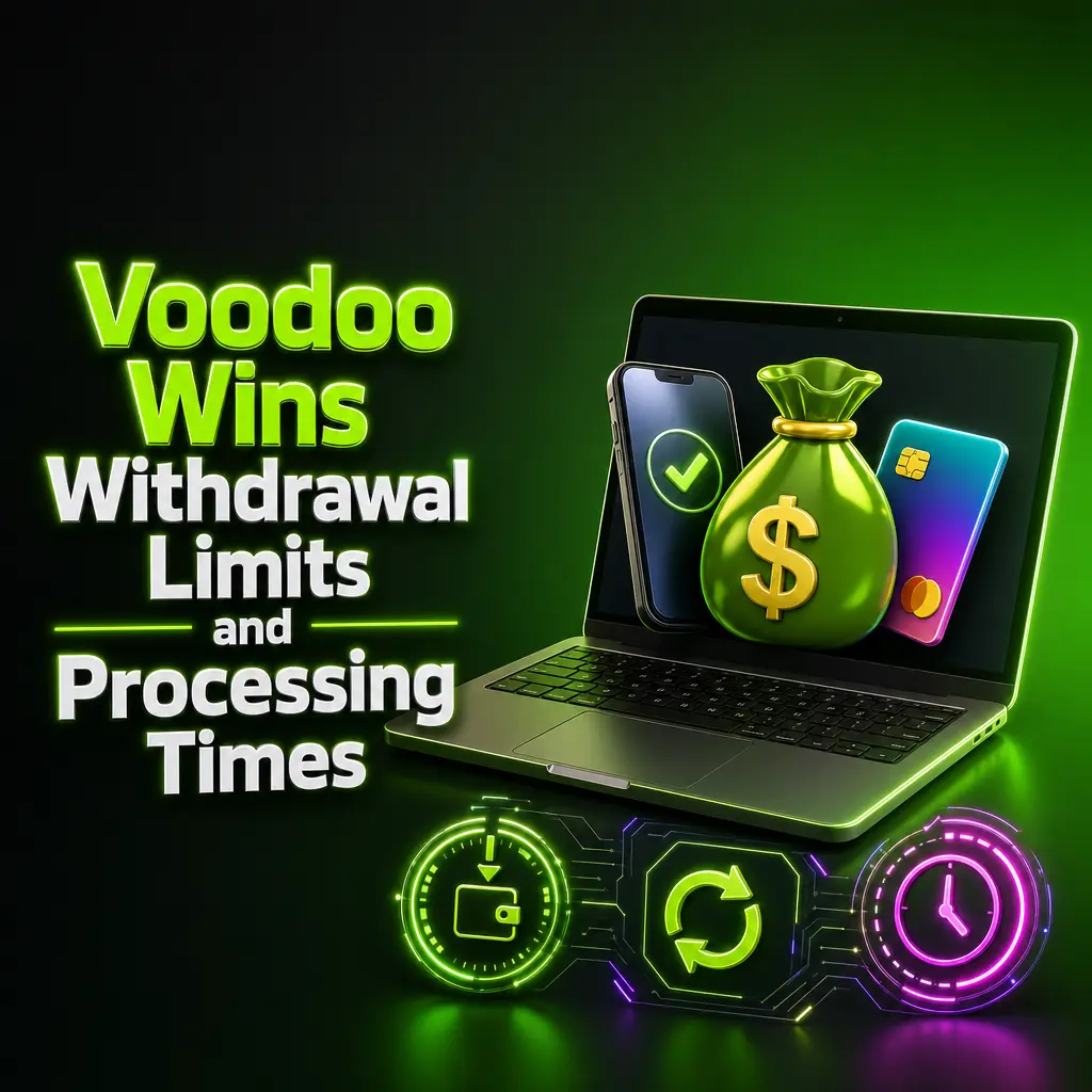 Voodoo Wins withdrawal limits and processing times table showing minimum, maximum amounts and duration by payment method